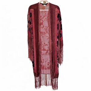 Aris A Women Velvet Burnout Silk Fringe Floral Open Kimono
